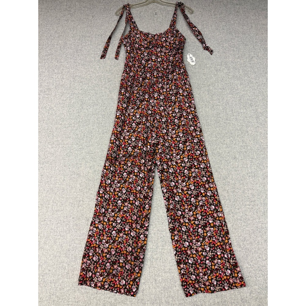 AUW Floral Wide Leg Jumpsuit Small Brown Multi Tie Shoulder Smocked Back NWT New